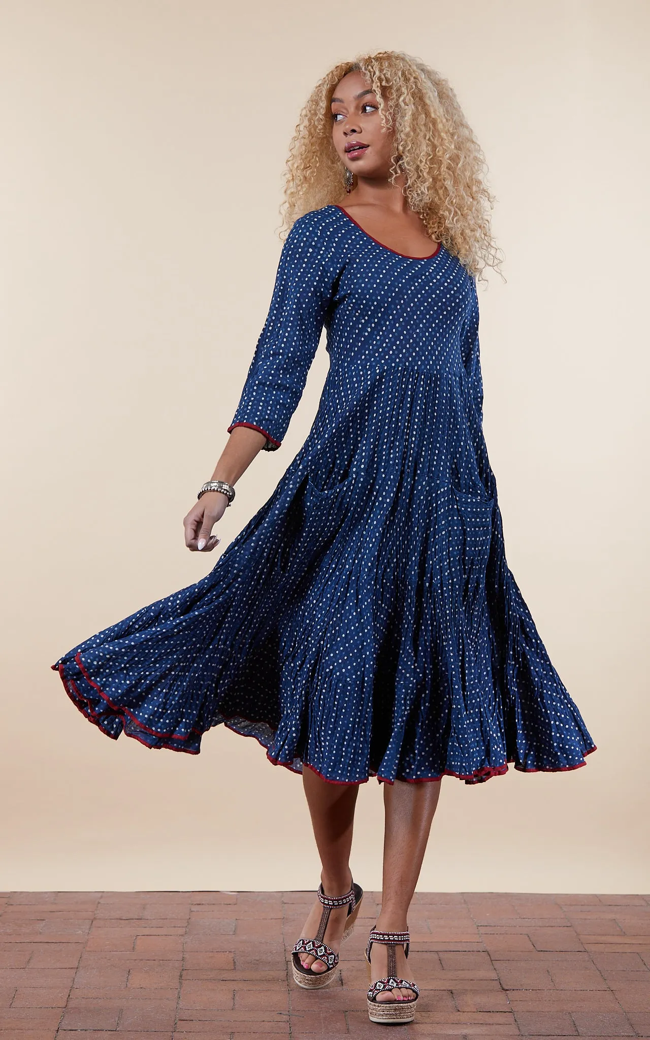 Santa Fe Dress, Long, 3/4 Sleeve, Indigo Dot