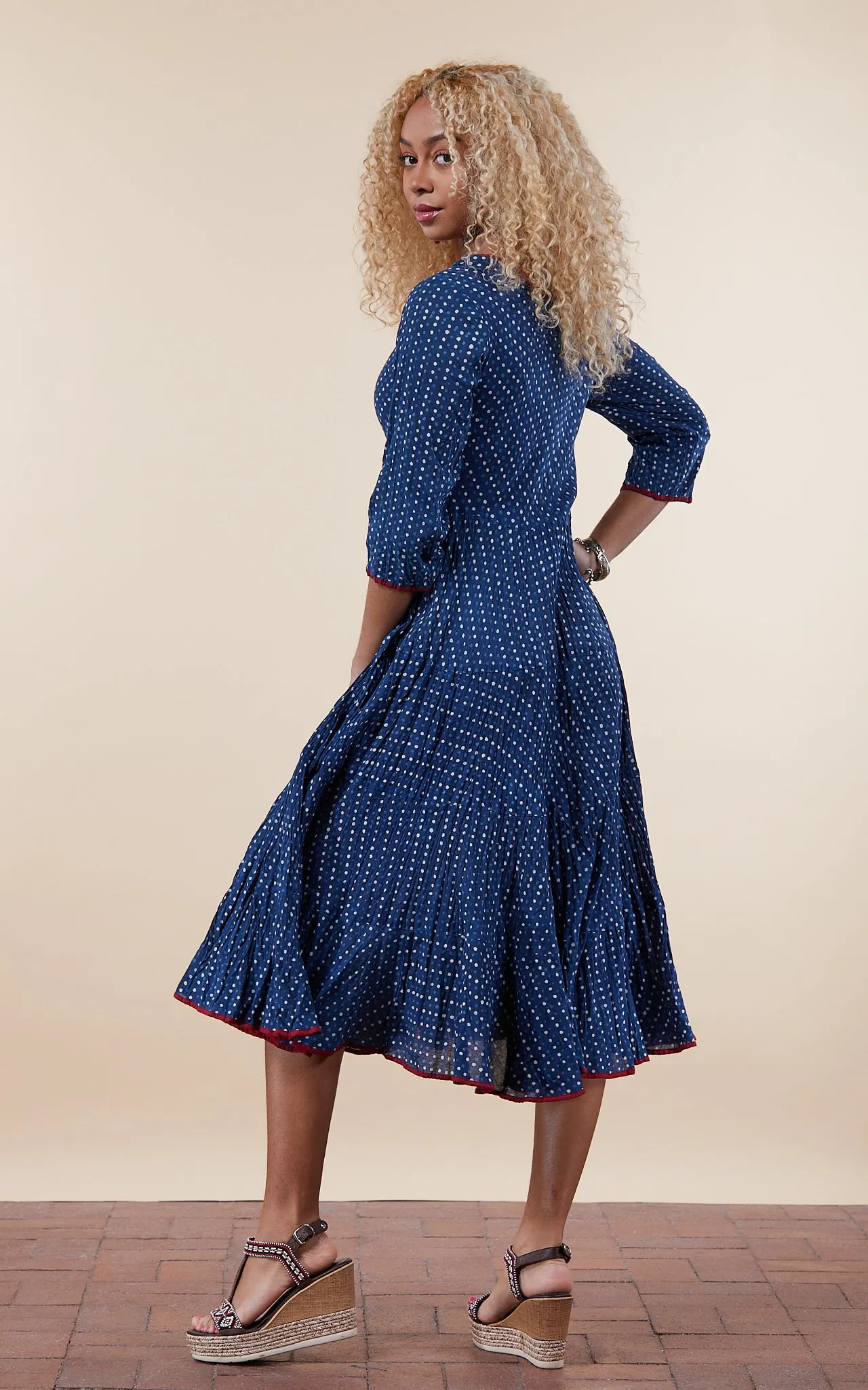 Santa Fe Dress, Long, 3/4 Sleeve, Indigo Dot