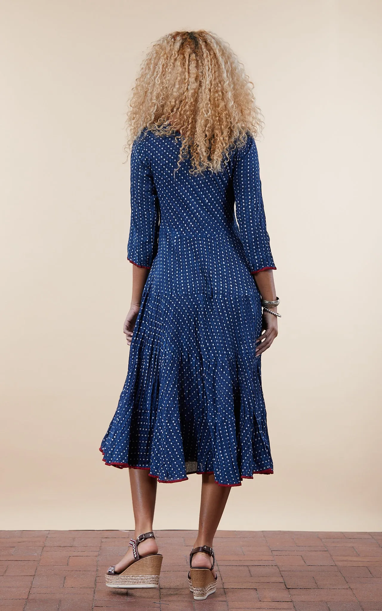 Santa Fe Dress, Long, 3/4 Sleeve, Indigo Dot