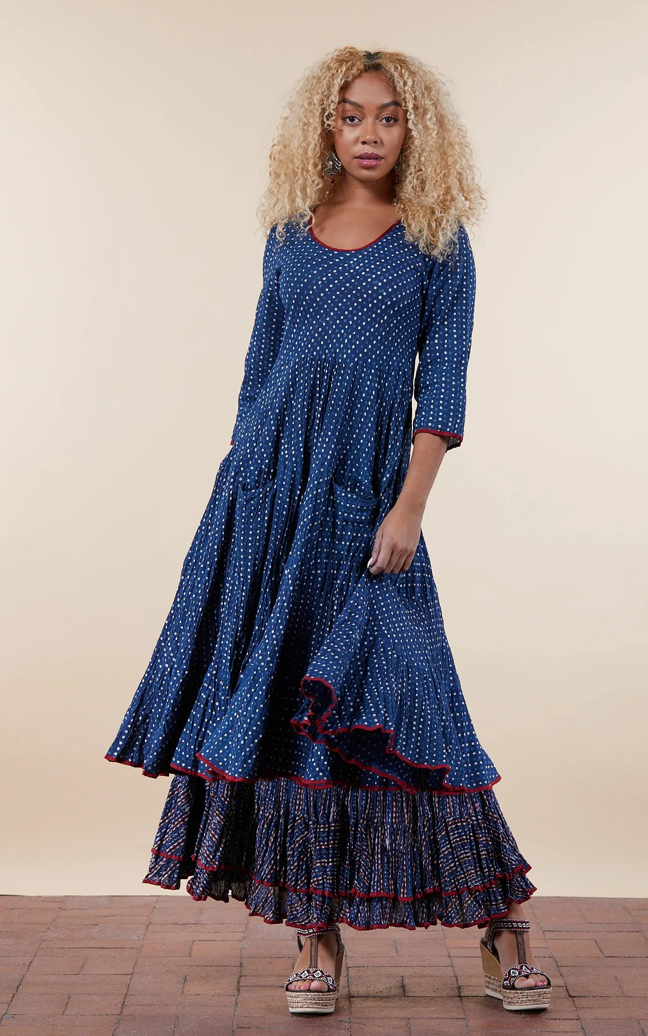 Santa Fe Dress, Long, 3/4 Sleeve, Indigo Dot