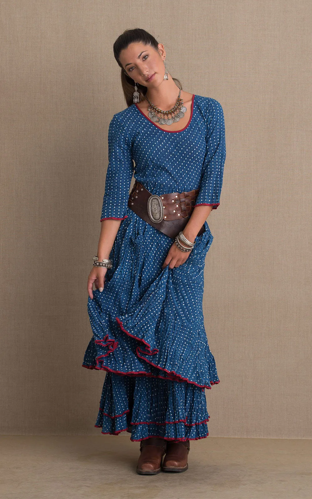 Santa Fe Dress, Long, 3/4 Sleeve, Indigo Dot