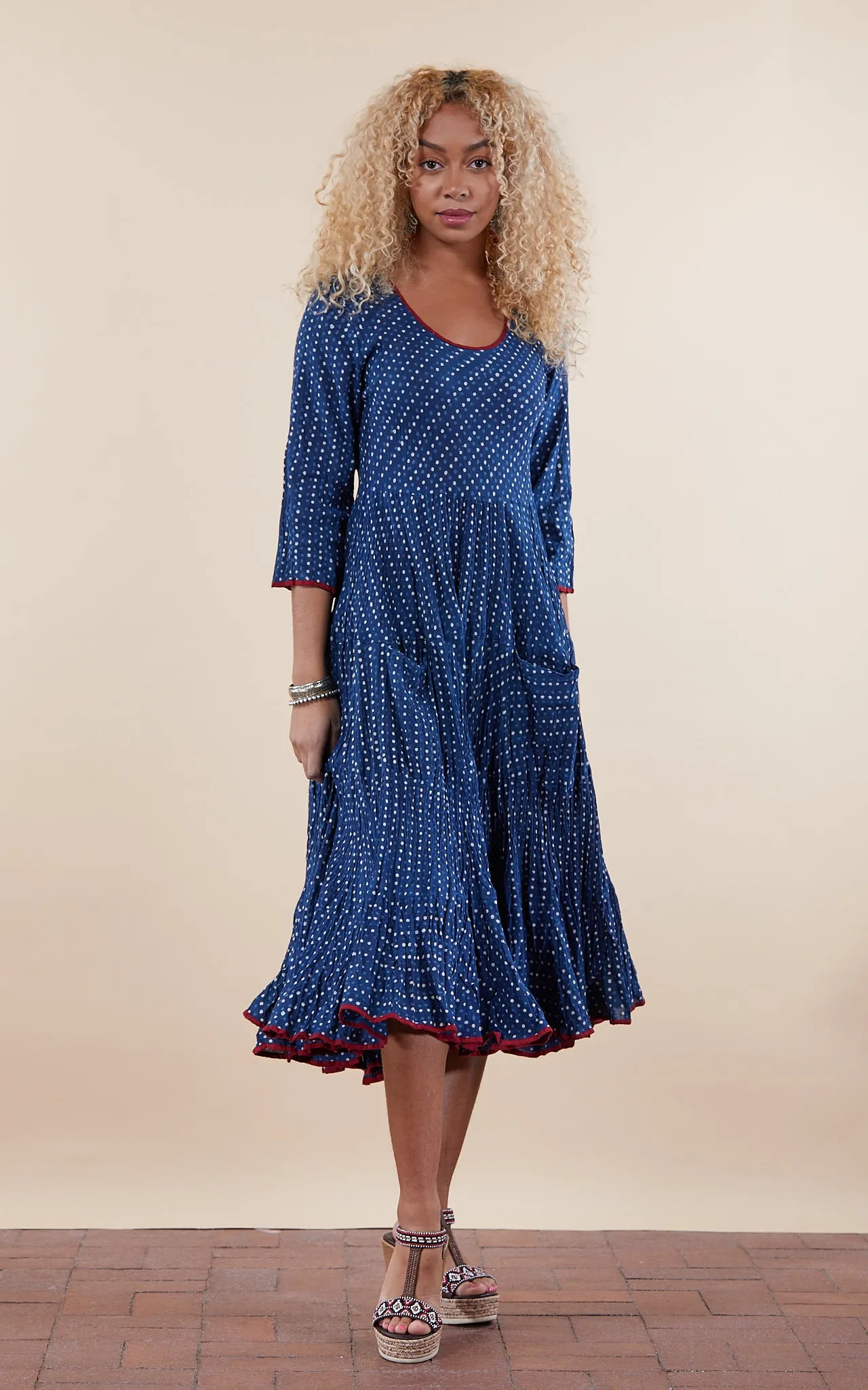 Santa Fe Dress, Long, 3/4 Sleeve, Indigo Dot