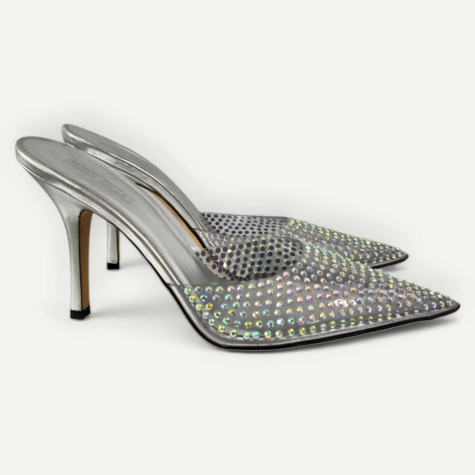 Scarpin Mule Paris Texas em Couro Prata e Strass