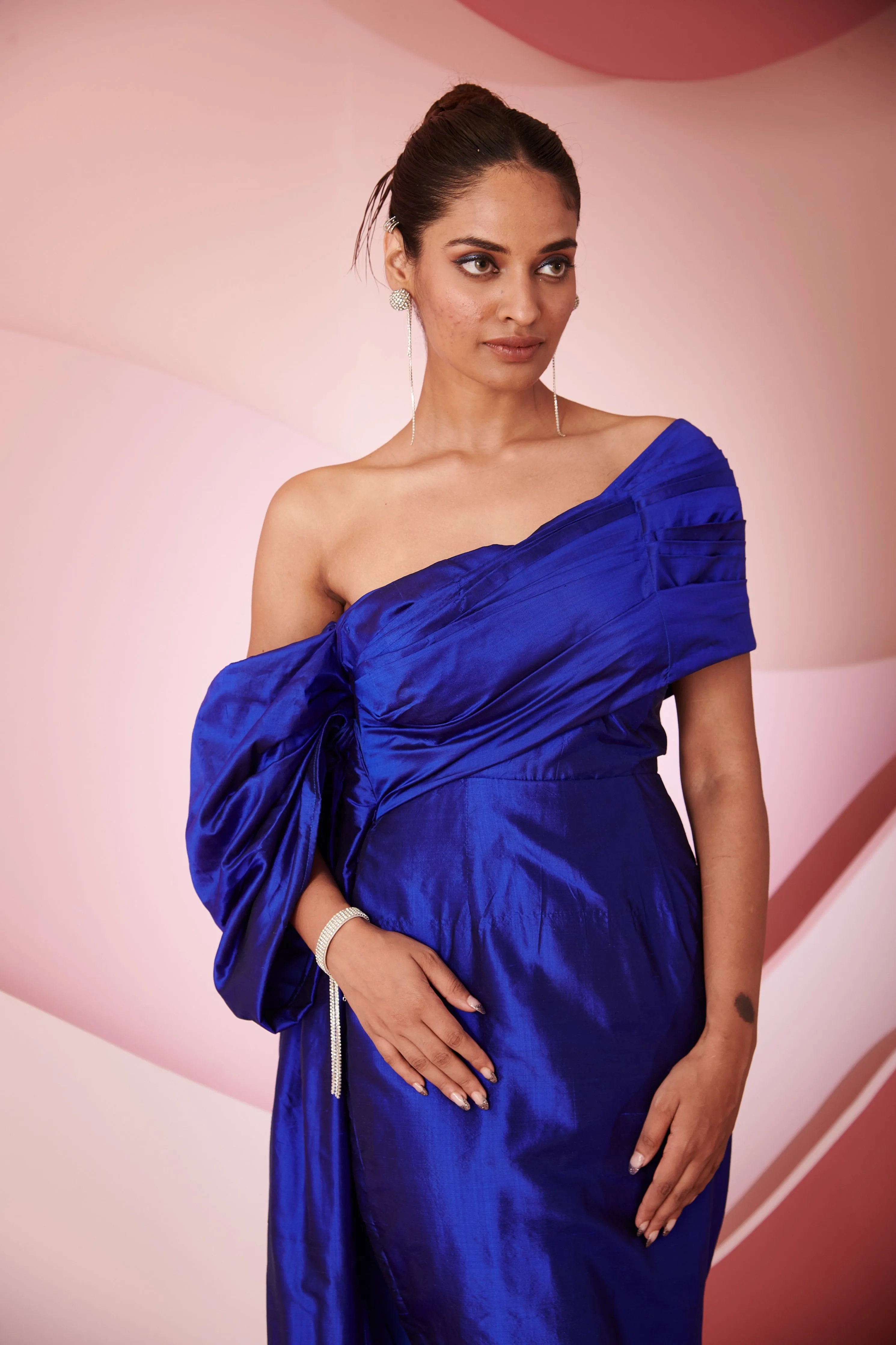 Sedna Blue Silk Draped Column Gown