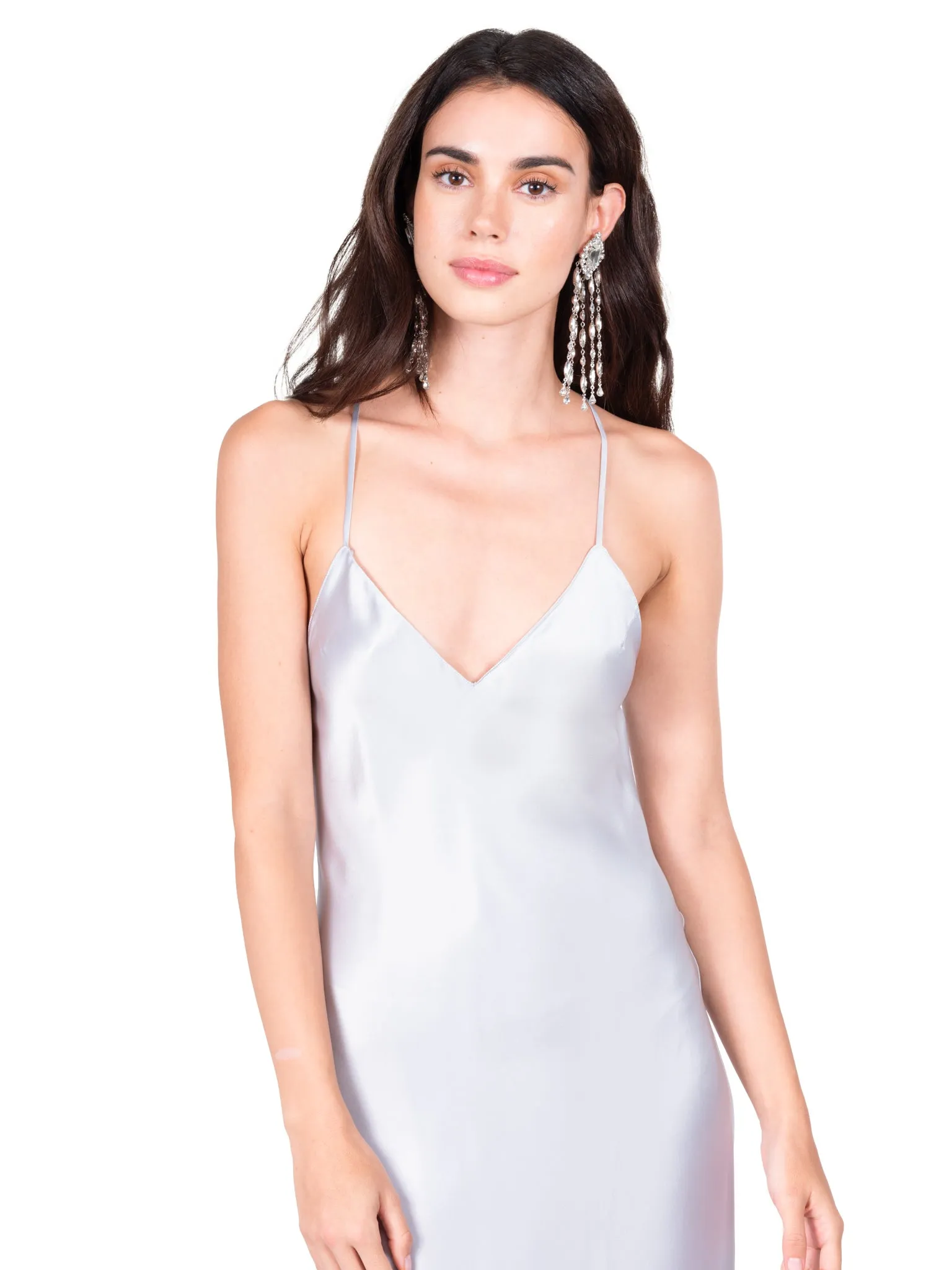 Silver Blue Open Back Cross Strap Midi Slip Dress