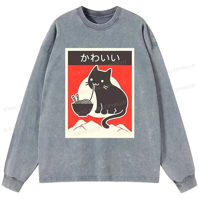 Tokyo-Tiger "Kawaii" Vintage Style Japenese Ramen Cat Washed Long Sleeve T-Shirt