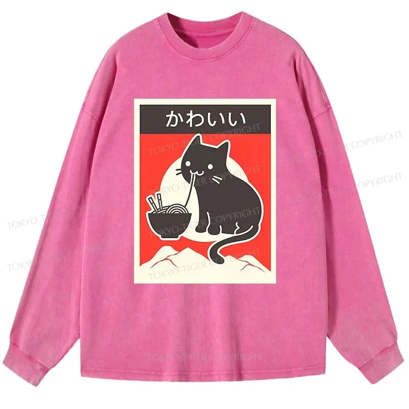 Tokyo-Tiger "Kawaii" Vintage Style Japenese Ramen Cat Washed Long Sleeve T-Shirt