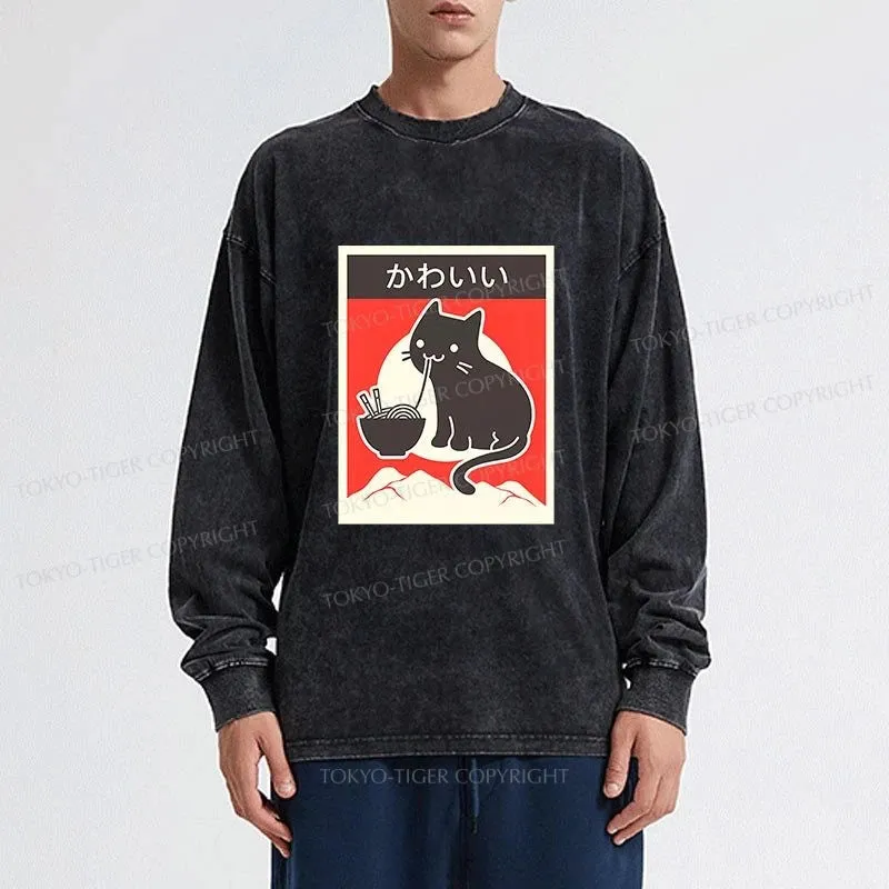 Tokyo-Tiger "Kawaii" Vintage Style Japenese Ramen Cat Washed Long Sleeve T-Shirt