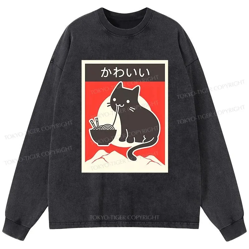 Tokyo-Tiger "Kawaii" Vintage Style Japenese Ramen Cat Washed Long Sleeve T-Shirt