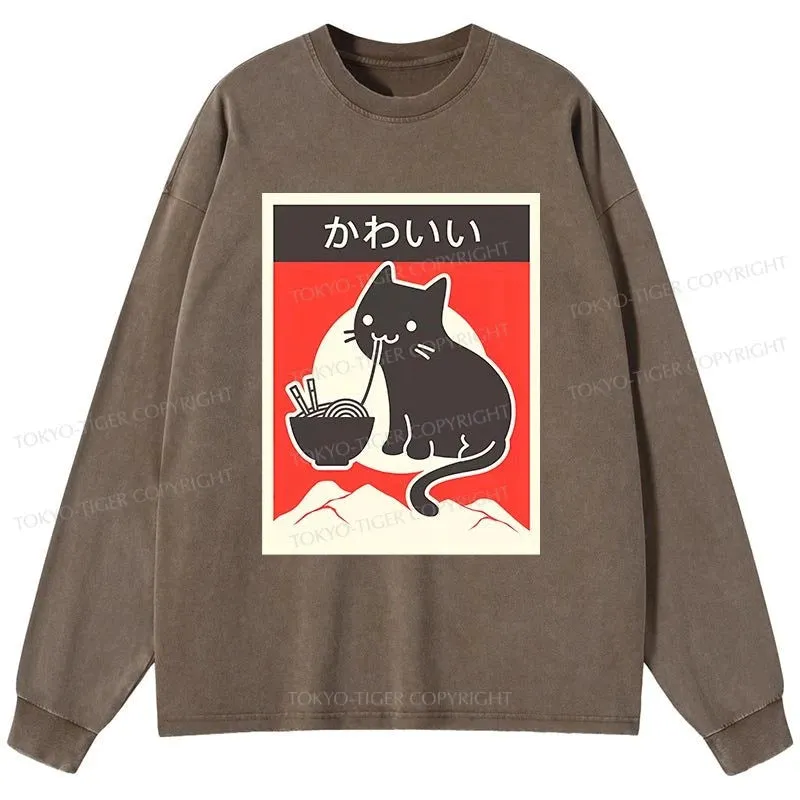 Tokyo-Tiger "Kawaii" Vintage Style Japenese Ramen Cat Washed Long Sleeve T-Shirt