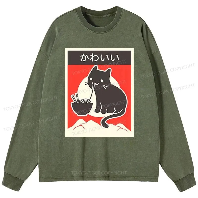 Tokyo-Tiger "Kawaii" Vintage Style Japenese Ramen Cat Washed Long Sleeve T-Shirt