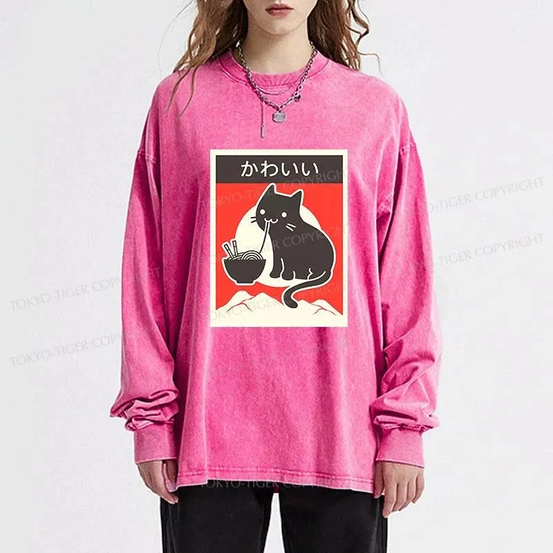 Tokyo-Tiger "Kawaii" Vintage Style Japenese Ramen Cat Washed Long Sleeve T-Shirt