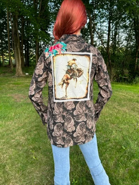 Western style Cowgirl print & patch shirt