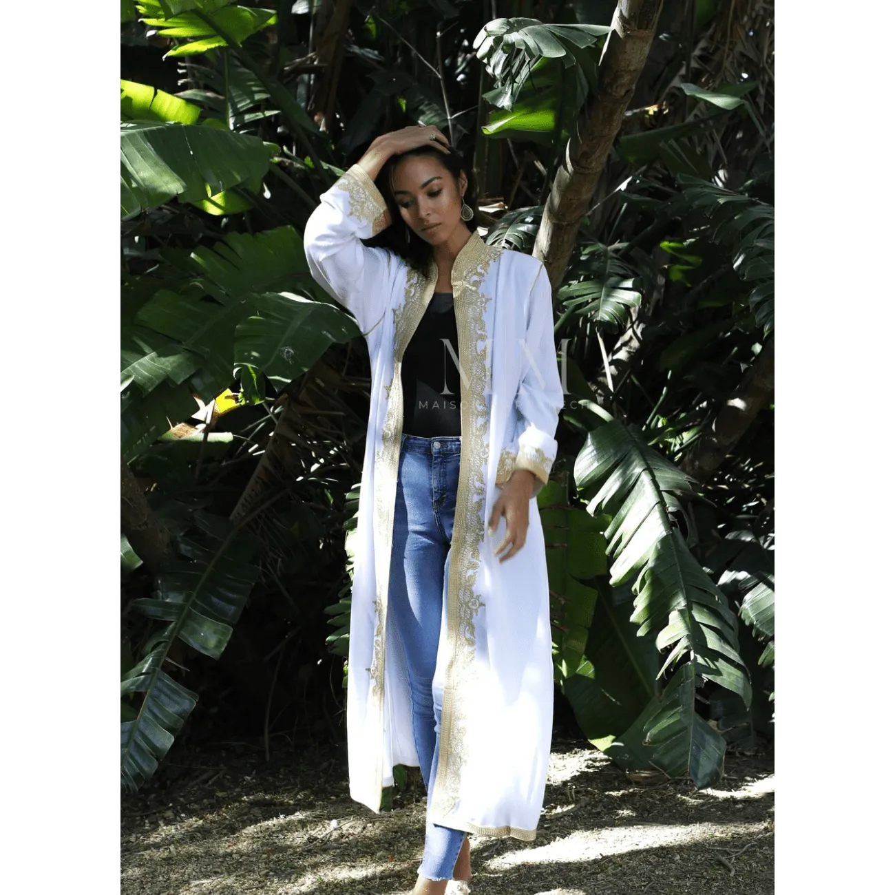 White & Gold Leyla Kimono Long Jacket