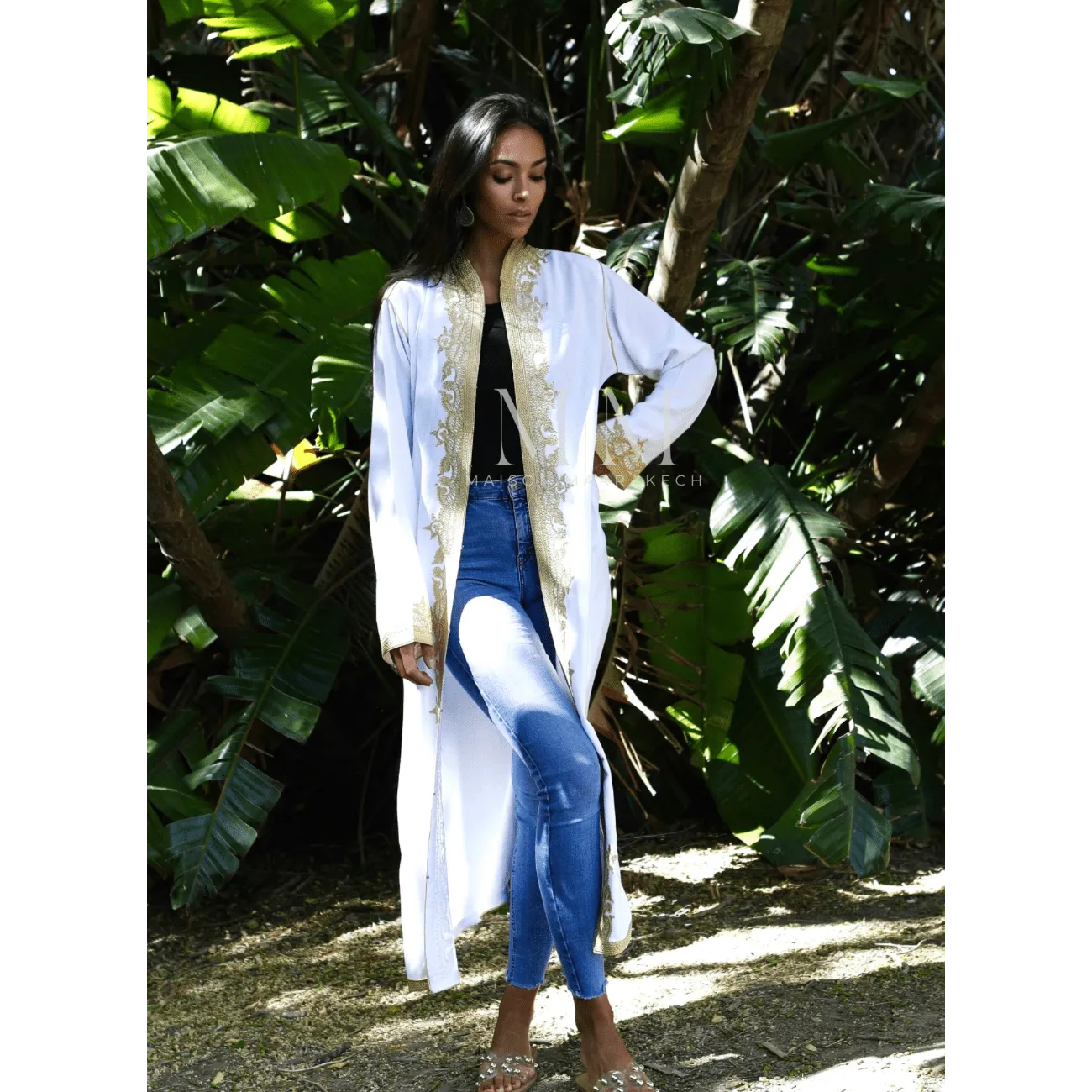 White & Gold Leyla Kimono Long Jacket