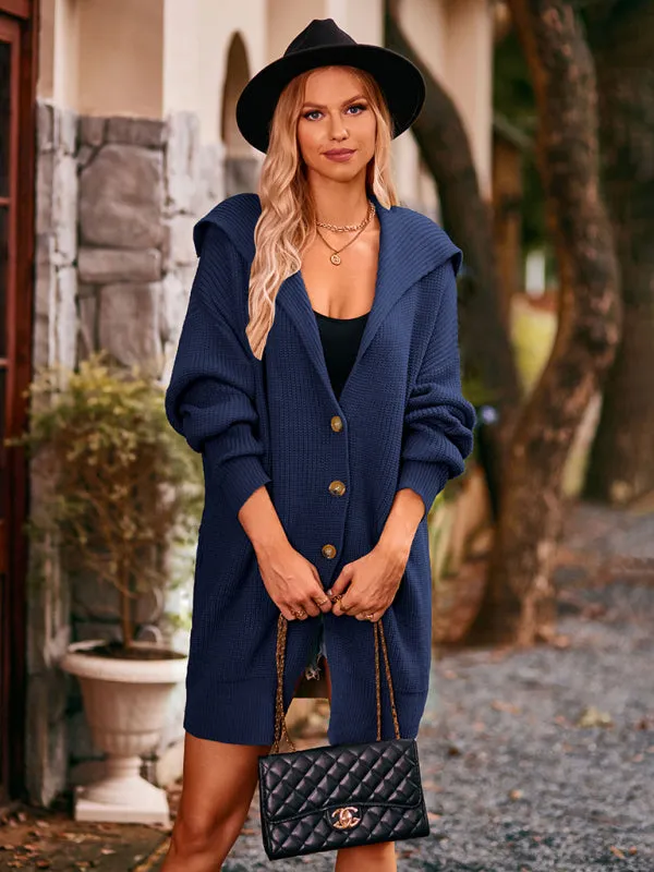 Women's Wide Lapel Mid Length Cardigan With Button Up Front And Pockets