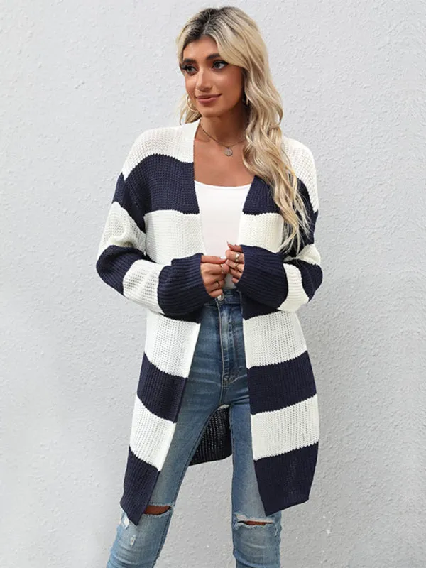 Women's Wide Striped Mid Length Open Front Cardigan